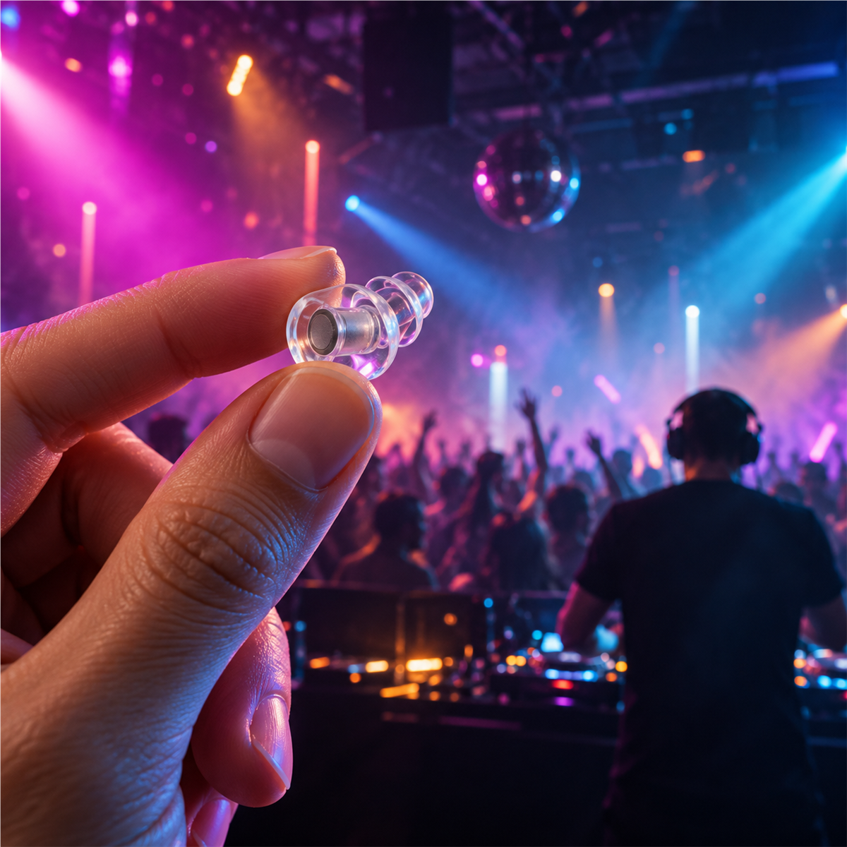 A clear musician-style earplug held between two fingers in front of a colourful, softly focused dance floor and DJ booth.