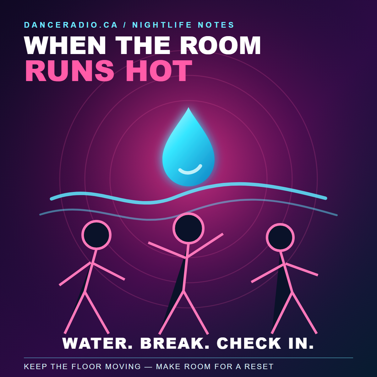 Abstract dancers move beneath a glowing water droplet and cool cyan waves in a hot magenta club scene, with the words ‘Water. Break. Check in.’