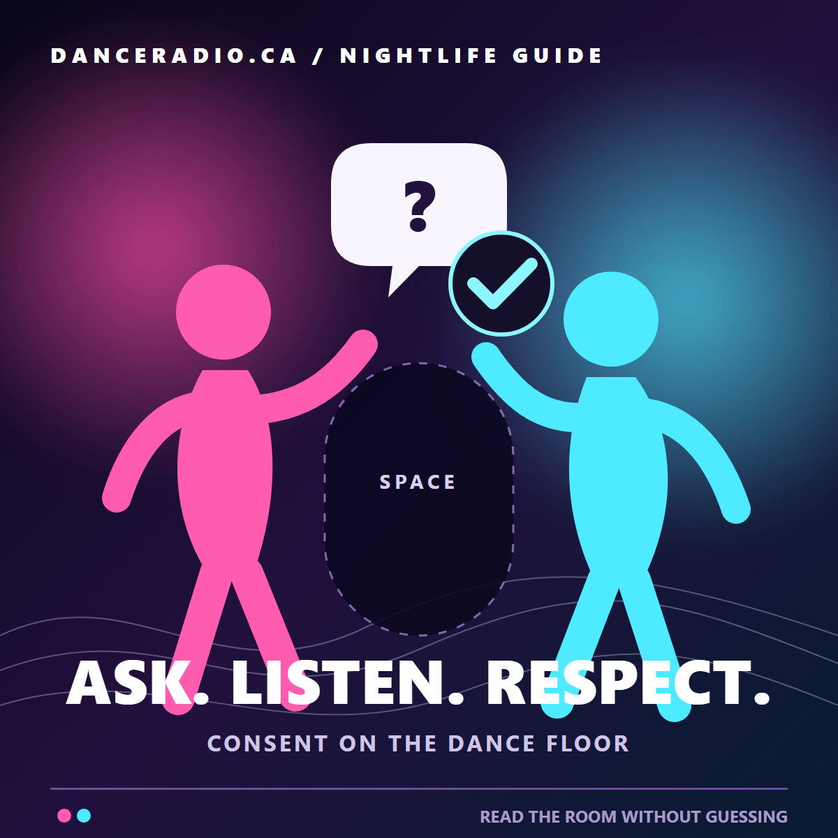 Two abstract dancers face each other across an open space beneath a question bubble and a check mark, with the words “Ask. Listen. Respect.”