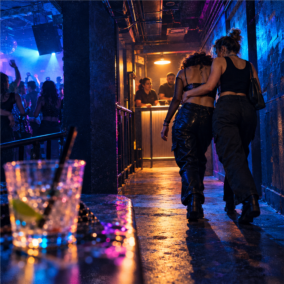 In a blue-lit club corridor, one adult friend supports another toward a warm staffed help point while an abandoned drink sits blurred in the foreground.