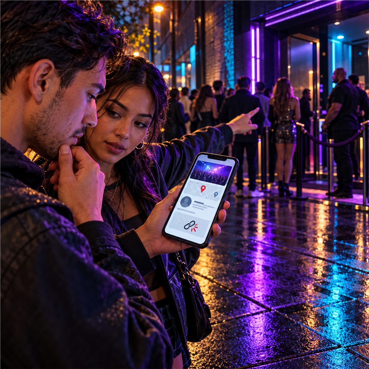 Outside a violet-lit club on a wet night, two adult friends compare a suspicious event listing on a phone with the real venue entrance before buying.