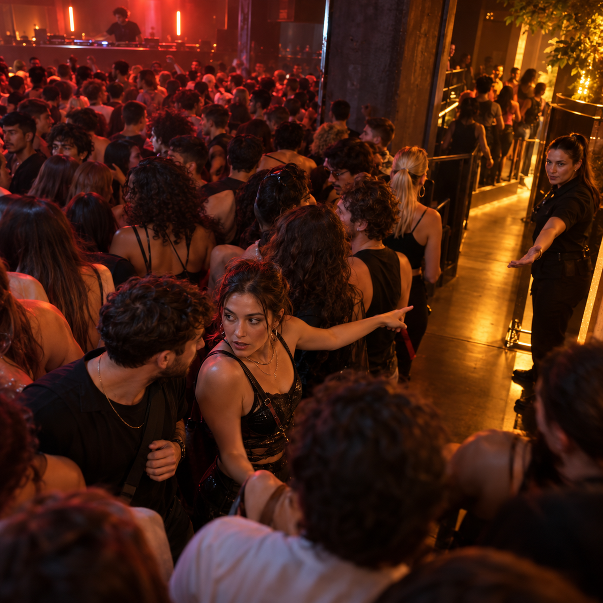 From a high angle inside a warm amber-lit club, two friends at the edge of a dense dance floor point toward an open side route while a venue staff member gestures them into the clear space.